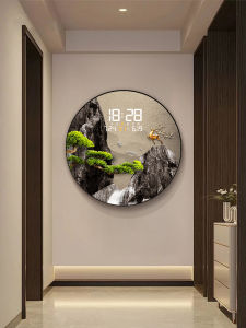 New Chinese Style Decorative Painting Welcoming Pine Tree round Entrance Wall Art Clock Calendar Light Modern Home Decor