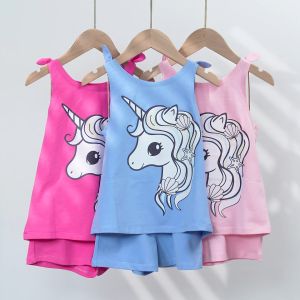Đồ bộ bé gái Kỳ Lân Unicorn BOMINES bộ nơ vai quần ngắn mùa hè cho bé 3- 10 tuổi 12- 30kg DBSNOVAIUNICORN