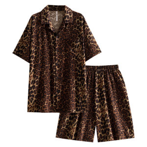 yuenei | Mens Summer Modal Ice Silk Short Sleeve Sleepwear Home Clothes Leopard Print Casual Style Two-Piece Set Button Decoration