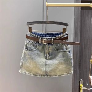 East Gate Retro Washed Denim Mini Skirt Womens High Waist Slim Fit Short Skirt Spring Fashion Korean Style A-Line Skirt
