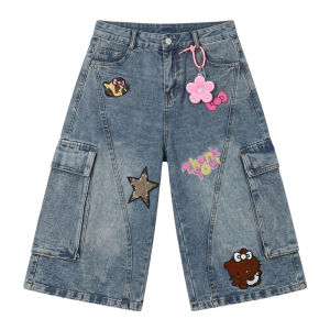 QOTRIOCK | Funny Cartoon Patch Embroidery Summer Washed Multi-pocket Work Shorts