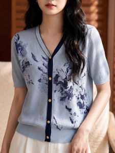 SHEHAN | Retro Ink Wash V-Neck Knit Cardigan Short Sleeve Loose Top