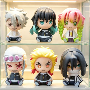 6Pcs/set Chibi Sitting Demon Slayer Action Figures Mitsuri Obanai Muichiro Sanemi Tengen Anime Figura Toys