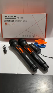 Platinum PT-1000 Professional Dual UHF Wireless Microphone Build In Volume And Echo Effect Adjustable For Karaoke With Foam