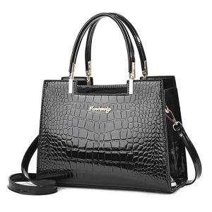 AKAPE - Crocodile Embossed Handbag Pu Patent Shoulder Bag Metal Decor Double Handle Purse Embossed Satchel Bag For Women
