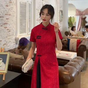 daidai (Ready Stock) CNY Traditional Modern Cheongsam Red Dress Formal Dinner Dress Plus Size S~5XL 传统改良旗袍复古中式连衣裙大码显瘦