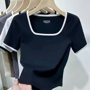 BASIC T-SHIRT LENGAN PENDEK KERAH KOTAK SLIM FIT FASHION WANITA IMPORT KAOS CROPTOP KOREAN STYLE COD