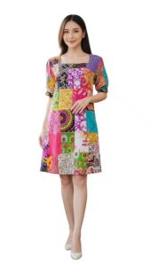 👗 เดรสสั้นคอเหลี่ยม แขนตุ๊กตา 3 ส่วน สไตล์โบฮีเมียน | งานแฮนด์เมด Patchwork รอบตัว | ผ้าป่านอินเดีย | มีให้เลือกแบบอัดกาว / ไม่อัดกาว | M–6XL