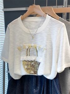 เสื้อยืดแขนสั้นผ้าฝ้ายลายกระถางไม้หลวมๆ สำหรับใส่อยู่บ้านในช่วงฤดูร้อนปี 2025 สำหรับผู้หญิงไซส์ใหญ่ ทรงหลวม ทรงหลวม ทรงหลวม