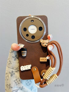 Cute Coffee Bear Leather Phone Case for Huawei Mate60 Pro+ Woven Hand Rope Mate40 pro Full Cover Female Style Protective Shell