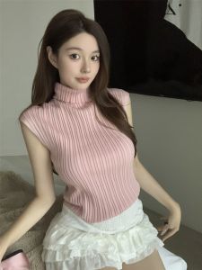 GUZILIAN | American Style Sweet Knitted Sleeveless High Collar Vest Women Base Layer Outerwear Summer Pure Desire Slimming Shoulder Top