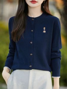 Elegant Embroidered Bear Knitted Cardigan Womens Spring Autumn 2024 New Single Button round Neck Long Sleeve Sweater Jacket Top