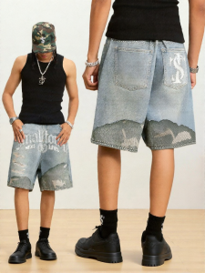 STK Small Town Kid | Quần Short Jeans In Camo Mỹ Phong Cách Retro Bị Rách Có Kim Loại Hotfix