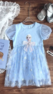 1-9 ปี กระโปรงสีฟ้า ชุดเด็กผู้หญิงแขนสั้น แขนสั้น แฟชั่นฤดูร้อน สําหรับเด็กผู้หญิง กระโปรงเด็กปุยชุดวันเกิด