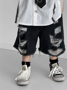 Xiao Mokui Boys Denim Jeans Summer 2024 New Style Casual Hole Punching Five-Point Pants Trendy And Stylish Childrens Clothing