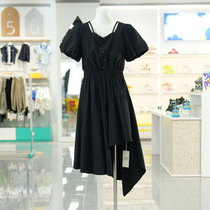 Elegant Short Sleeve Bubble Sleeve Dress High Waist A-Line Midi Skirt Soft Nylon Polyester Blend Summer Fashion Womens Dress