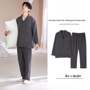 MiiOW | Áo ngủ nam cotton nguyên chất tay dài rộng rãi thoải mái mặc ở nhà có thể mặc ngoài trời mùa thu thường ngày dài quần dài màu trơn
