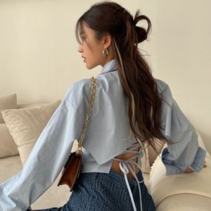 Pure Desire Style Temperament Long Sleeve Open Back Shirt Womens Autumn Stylish Slim Looking Short Shirt Small High Waist Tops