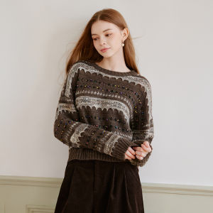 XIANGYING | Áo Sweater Len Pha Lông Vintage Màu Sọc cho Nữ