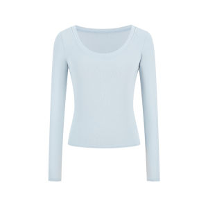 U-neck Slim Waist Long-sleeved T-shirt Top for Women