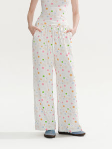 PSO Brand | Printed Dots Puppy Design Elastic Waist Slightly Stretch Trousers
