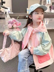 Trendy Girls Autumn Jacket 2024 New Style Childrens Hooded Spring Summer Color Block Jacket Top for Girls Polyester Fiber