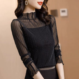 Stylish Lustrous Silk Semi-High Collar Slim Fit Mesh Blouse