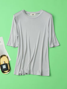 New Summer Silk Knitted round Neck Five-Quarter Sleeve Womens Mulberry Silk Loose plus Size Solid Color T-Shirt Outerwear