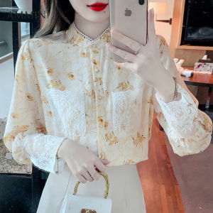 AMMIN Korean style hollow lace round neck fashion single breasted cardigan commuter chiffon shirt woman 2023 autumn new vintage floral print lace pocket long sleeve elegant blouse