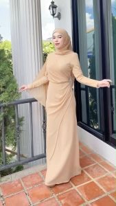 ชุดอิสลาม ชุดพร้อมผ้าคลุมสีเข้าชุด เดรสออกงาน เดรสมุสลิม รุ่นเคธี่ ชุดเดรสใส่ไปงานแต่ง เนื้อผ้าชีฟอง เดรสธีมเพื่อนเจ้าสาว ชุดใส่รายอ ชุดนิกะห์ แต่งสะไบ