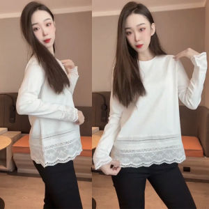 Elegant Lace Splice Loose Long Sleeve Base Shirt Womens Fashion Spring T-shirt Versatile High-End Feeling Underwear Top