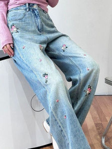 Quần Jeans Ống Rộng Thẳng Cạp Cao Thêu Lấp Lánh Phong Cách Mùa Xuân Mùa Hè Quần Jeans Denim Dài Đến Sàn Cho Nữ