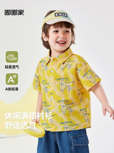 Pure Cotton Short Sleeve Shirt for Children Baby Clothes Turn-down Collar Full Print Summer Outfit Cartoon Thin New 2025 Kids Wear