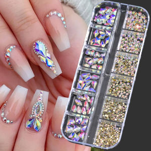 12Grids 3D Gold/Champagne Nail Art Rhinestones Mixed-Shapes Flat-Back Glass Diamonds Nails Charms Luxury DIY Manicure Decoration
