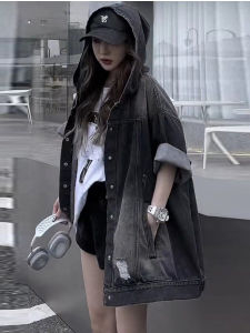 หลวม Fit Washed เดนิม คาร์ดิเกน ผู้หญิง ฤดูร้อน ความยาวปานกลาง มีฮู้ด เสื้อเชิ้ต ลำลอง หลากหลาย สไตล์ ผ้าฝ้าย เส้นใยคอมโพสิตโปรตีนถั่วเหลือง