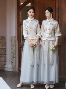 ชุดเจ้าสาวสไตล์จีน แขนยาว กระโปรงทรงเอ ชุดราตรียาว ชุดเจ้าสาวเพื่อนสนิท ชุดแฟชั่นฤดูใบไม้ร่วงและฤดูหนาว ชุดกระโปรงทรงเอ