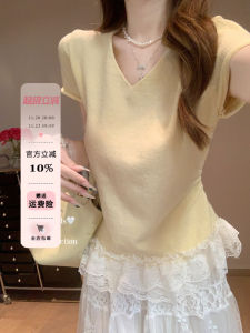 Miu Style Lace Splice Hem Knitted Short Sleeve V-Neck Top Spring Summer Pure Desire BM Inner Wear Casual High Waist Cake Skirt