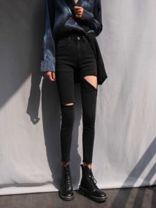 Black Ripped Denim Womens Summer Thin 2024 New Arrival High Waist Slim Looking Cropped Tight Pencil Pants