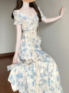French Style Square Collar Blue Oil Painting Bubble Sleeve Dress Womens Summer New Waist Cinching Slimming Long Dress