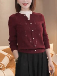 QINGNAER | Wine Red Diamante Slim Fit Buttoned Knit Cardigan
