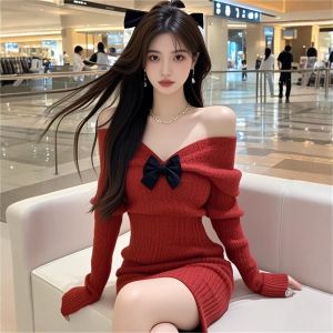 Red One-Shoulder Knitted Dress Womens Slim Fit Base Layer Short Skirt High Waist Commute Korean Style Long Sleeve Autumn Winter