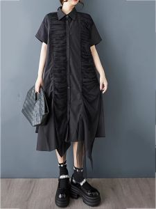 XITAO Asymmetric Pleated Mesh Single Breasted Dress Turn-down Collar Solid Color A-line Sweet Summer Women Dress GYX1625