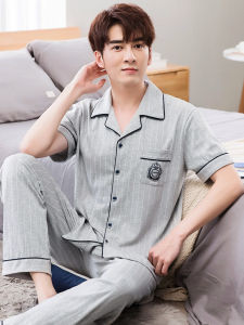 ชุดนอนผู้ชายสำหรับฤดูใบไม้ผลิและฤดูร้อนชุดเสื้อคาร์ดิแกนผ้าฝ้ายแท้แขนสั้นขายาวผ้าฝ้ายแท้แบบบางไซส์ใหญ่ใส่ช่วงฤดูร้อนสำหรับผู้ชายชุดใส่ในบ้าน