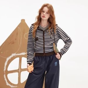 unifree | Áo Cardigan Knit Sọc Có Mũ Phong Cách Retro