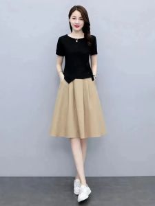 Womens Cotton Linen Knitted Top And A-Line Skirt Set Summer New Style Slimming Fashion round Neck Short Sleeve Two-Piece Suit