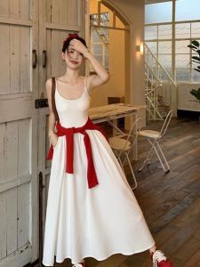 Hebe Style Summer New White Fashion Slimming Splice Long Dress Womens Adjustable Strap Dress High Waist A-Line Midi Dress