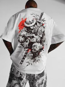 Bandai | One Piece Trafalgar Law Back Print White T-Shirt Spotted Hat Tattoos Kikoku Sword Red Splatter Bamboo Leaves Anime Cotton Tee