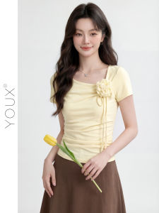 YOUXIANG | Áo Thun Hợp Thân Mới Mùa Hè Cổ Xéo Hoa Văn Nếp Nhăn