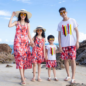 Trang Phục Gia Đình Đi Biển Váy Liền Cỡ Lớn Nghỉ Mát Đi Biển Một Nhà Ba Người Trang Phục Mẹ Con Gái Váy Hai Dây Váy Dài Voan Bé Gái