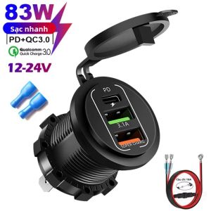 Ổ Cắm Sạc Điện Thoại Nhanh 83W Max 45W PD+QC3.0 Chống Nước Cho Ô Tô Thuyền Xe Máy 12/24V Có Đèn LED Vôn Kế
